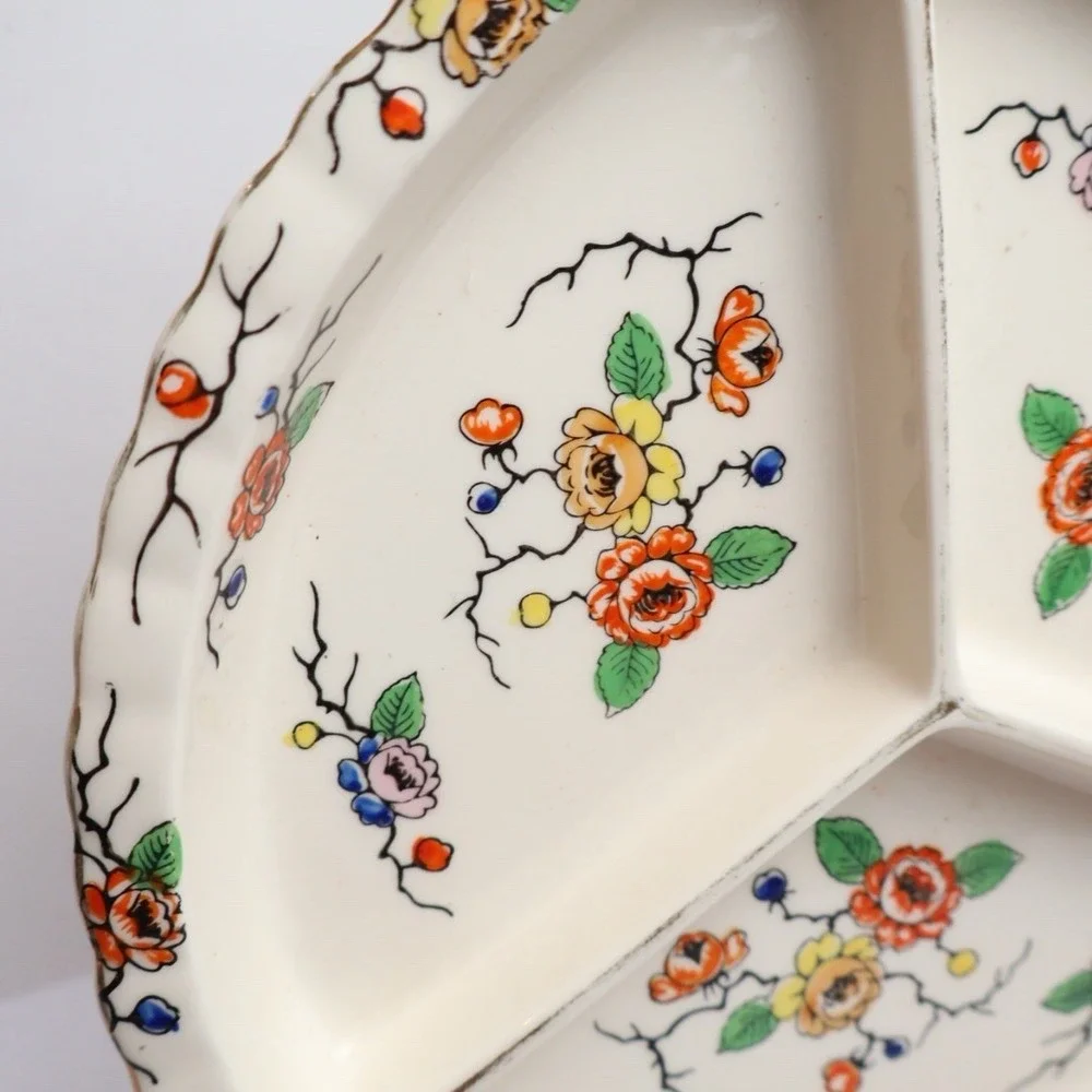 VTG Colorful Floral Divided Serving / Candy Dish Made in Japan